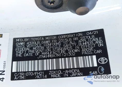 2021 Toyota C-Hr Le z USA, uszkodzony, nr VIN JTNKHMBX7M1121302